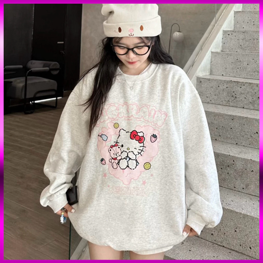 Bộ sưu tập Áo sweater HELLO KIT.TY cat basic nam nữ unisex chất nỉ bông form rộng màu xám tiêu tay bồng Cổ Tròn