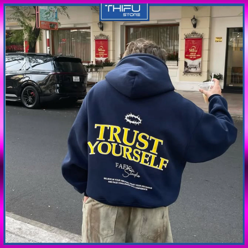 Áo khoác bông dày dặn nam nữ nganStore, có dây kéo, mũ rộng rãi, in hình Trust Yourself thời trang.