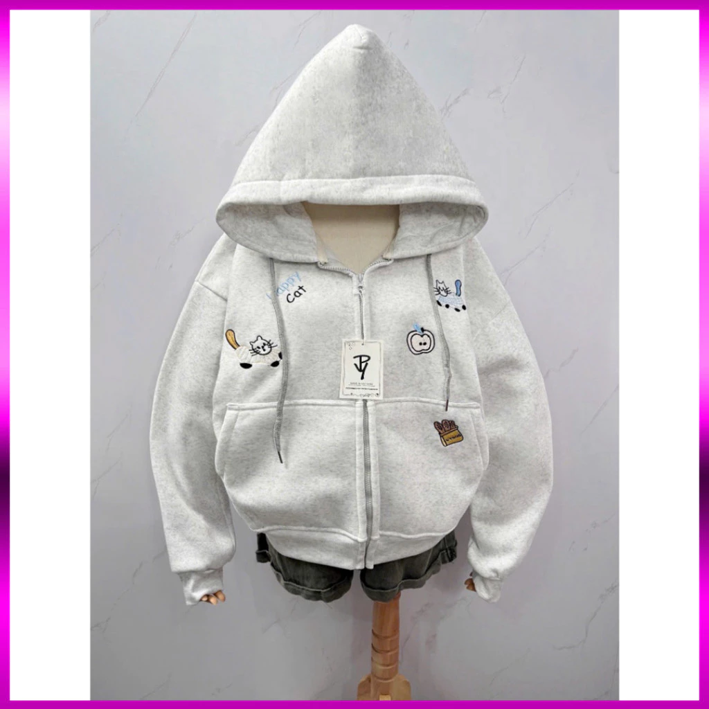 Áo Khoác Hoodie Zip Họa Tiết Mèo Dễ Thương Nón 2 Lớp Chất Liệu Nỉ Bông Cao Cấp Kiểu Dáng Trẻ Trung - BIWA UNISE