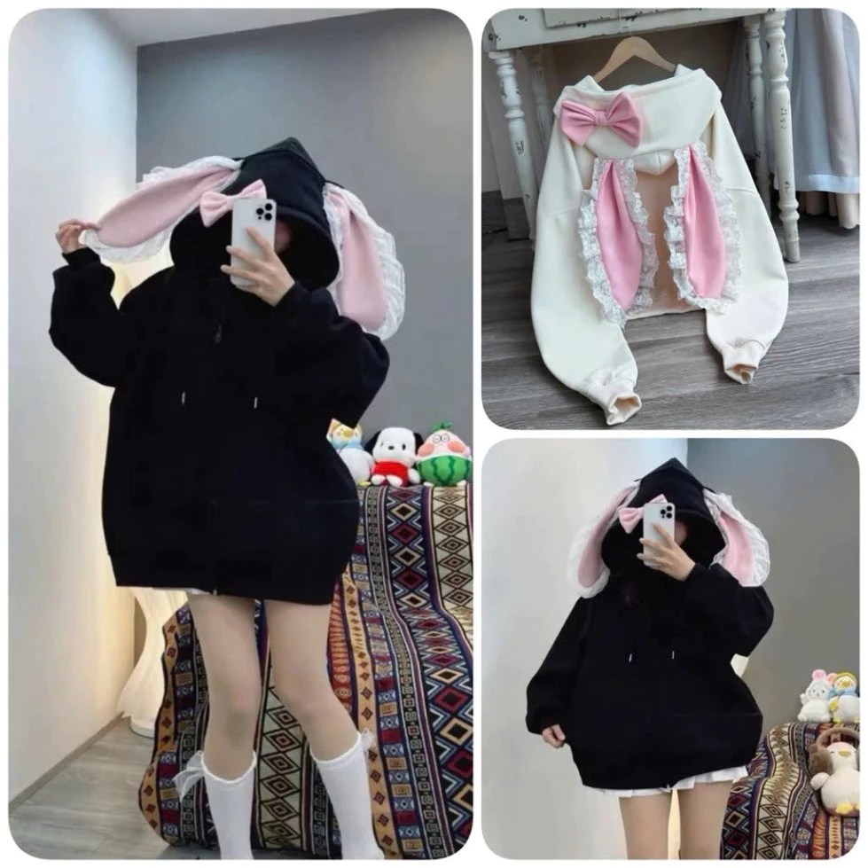 Áo khoác Tai Thỏ Hồng Siu Cute Kèm Nơ Cài. Hoodie zip chất nỉ ngoại form rộng unisex Hot trend 2025