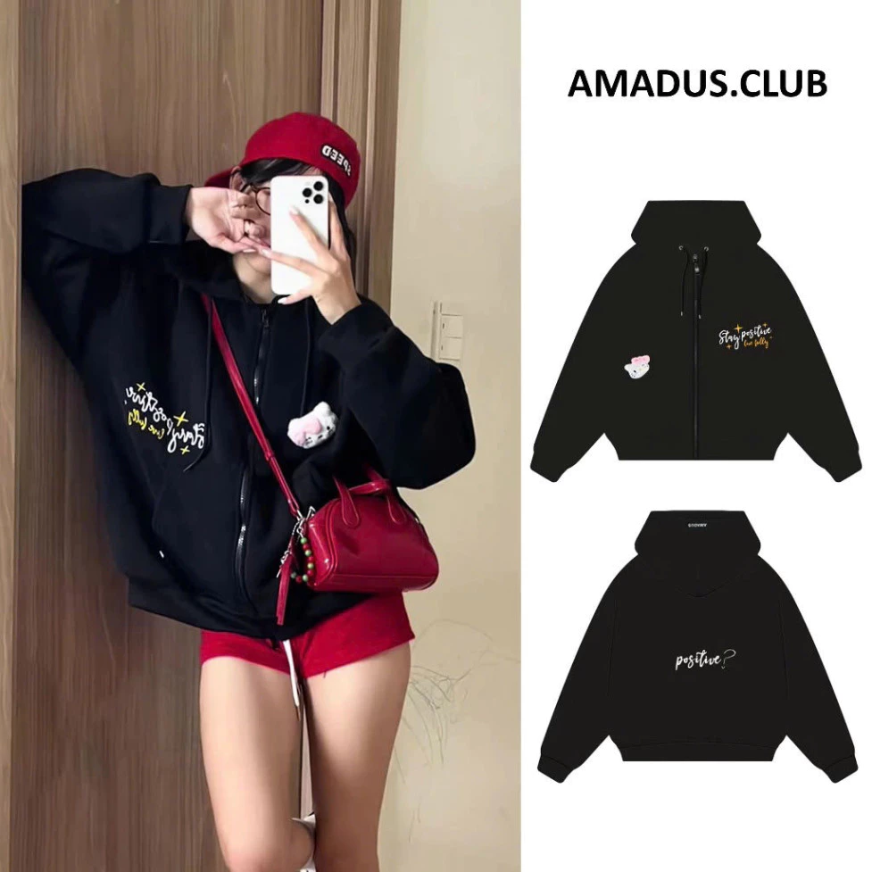 [ Tặng gấu ] HOODIE ZIP BOXY THÊU NỔI " Stay Positive " chiều Nỉ Bông Unisex - HDB06 Hot trend 2025