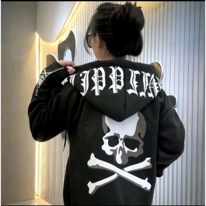Áo Khoác hoodie zip nam nữ Phillip Plein nỉ chân cua in đầu lâu xương chéo hai mặt zip ống tay, B.BÔ.R in 2 cánh tay. Ho