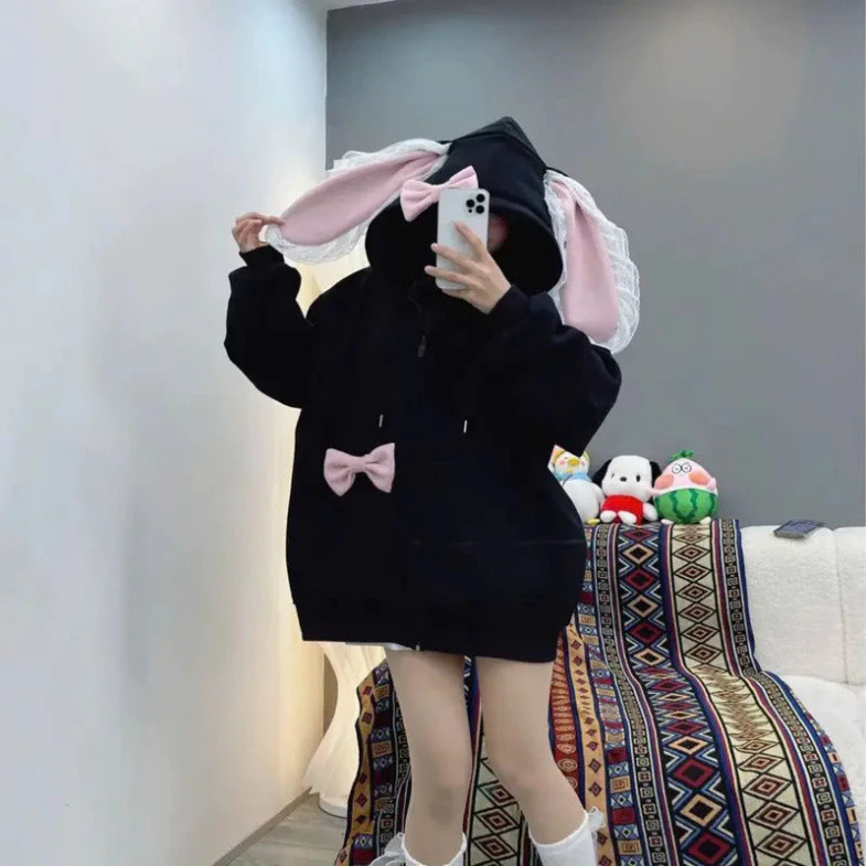 Áo Khoác Nỉ Hoodie Zip TAI THỎ HỒNG REN SIÊU CUTE, TẶNG KÈM 2 NƠ HÓT NHẤT HIỆN NAY Hot trend 2025