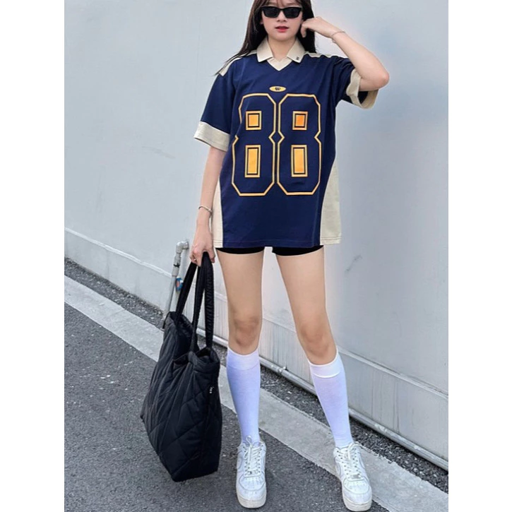 Áo polo 88 phối local brand W.E.N..KO áo form rộng tay lỡ unisex nam nữ Vải Cotton Siêu Hót 2025 Hot trend 2025