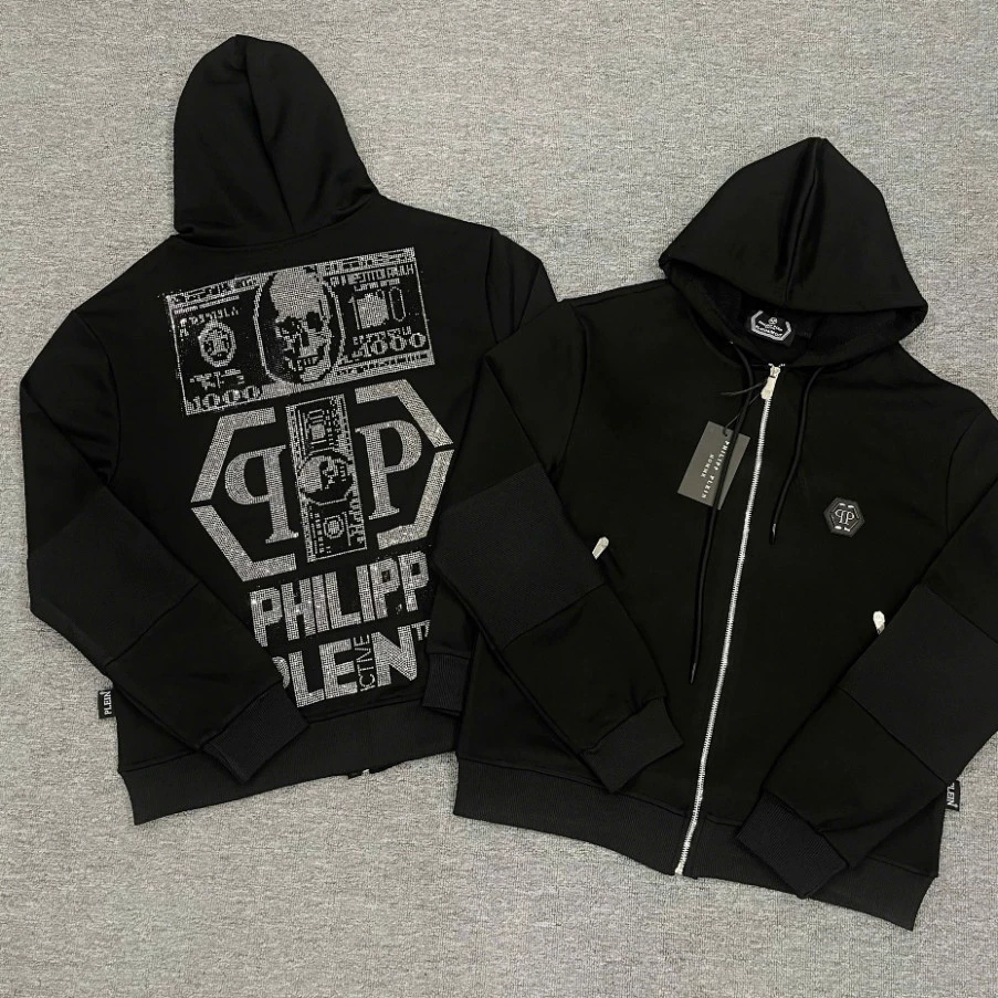Áo Hoodie Zip Philip _ Plein Chất Nam Nữ đính đá Họa Tiết Đính Đá Đầu Lâu Chất Liệu Nỉ Hot trend 2025