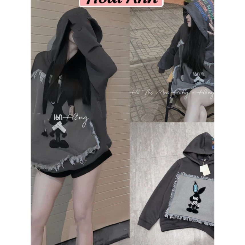 Áo Nỉ Hoodie Họa Tiết Nổi Thêu Thỏ Dài Tay Áo Nỉ Thụng Có Mũ In Chữ Form Rộng, Áo thu đông hot_1 Hot trend 2025