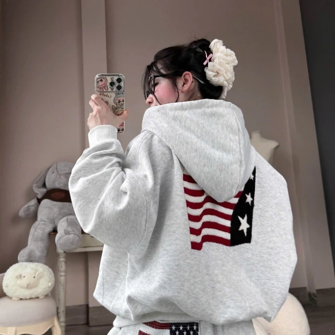 [ Hàng Trend Mới ] Áo hoodie có biểu tượng cờ Mỹ 4 sao thêu ở ngực, chất liệu nỉ bông, trẻ trung với mũ trùm đầu, phiê