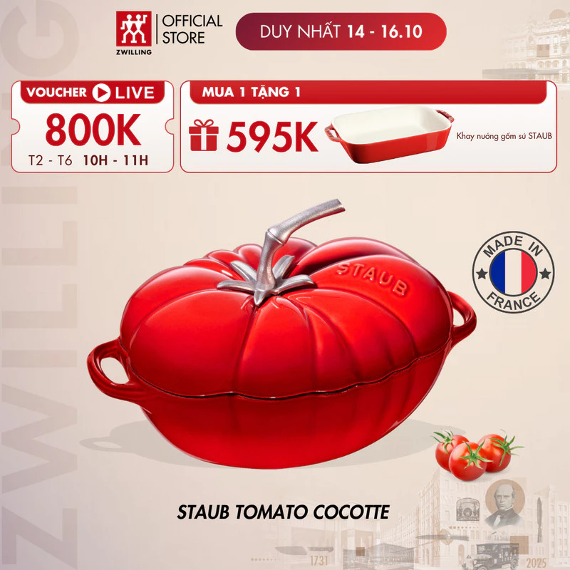 Nồi gang STAUB dáng đặc biệt (quả cà chua, Bí ngô, nắp hoa tuyết) xuất xứ từ Pháp, dùng được bếp từ