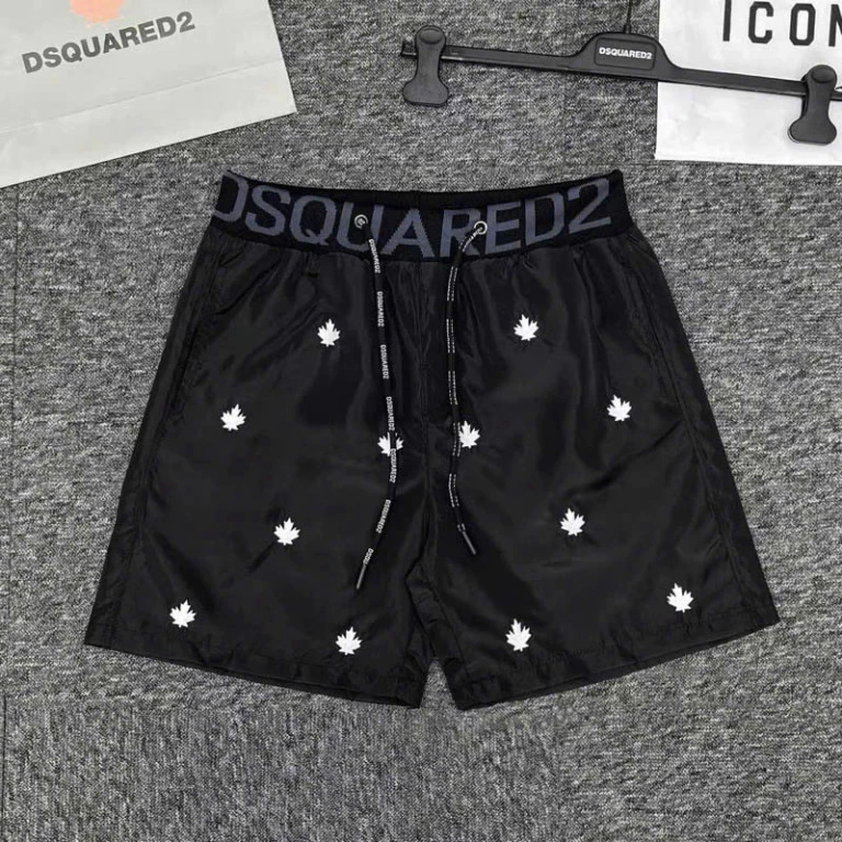 Quần cộc short gió Dsq2 cạp dệt chữ dám xung quanh thêu item lá phong trắng D2 Hót Trend 2025