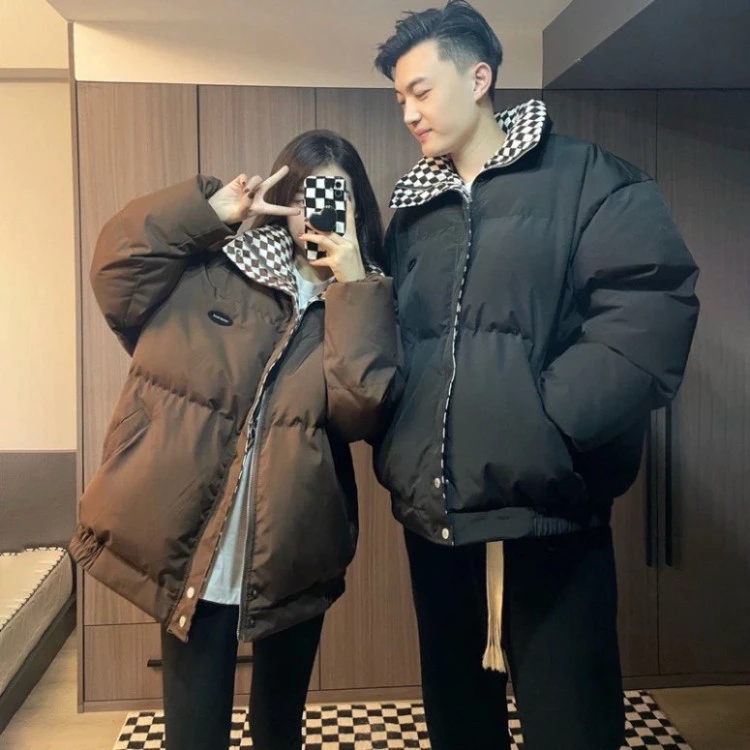 Áo Khoác Phao Béo Nam Nữ Unisex Màu Nâu Đen, Áo Khoác Phao Đôi Cổ Kẻ Caro Phong Cách Ulzzang Hàn Quốc Siêu Ấm