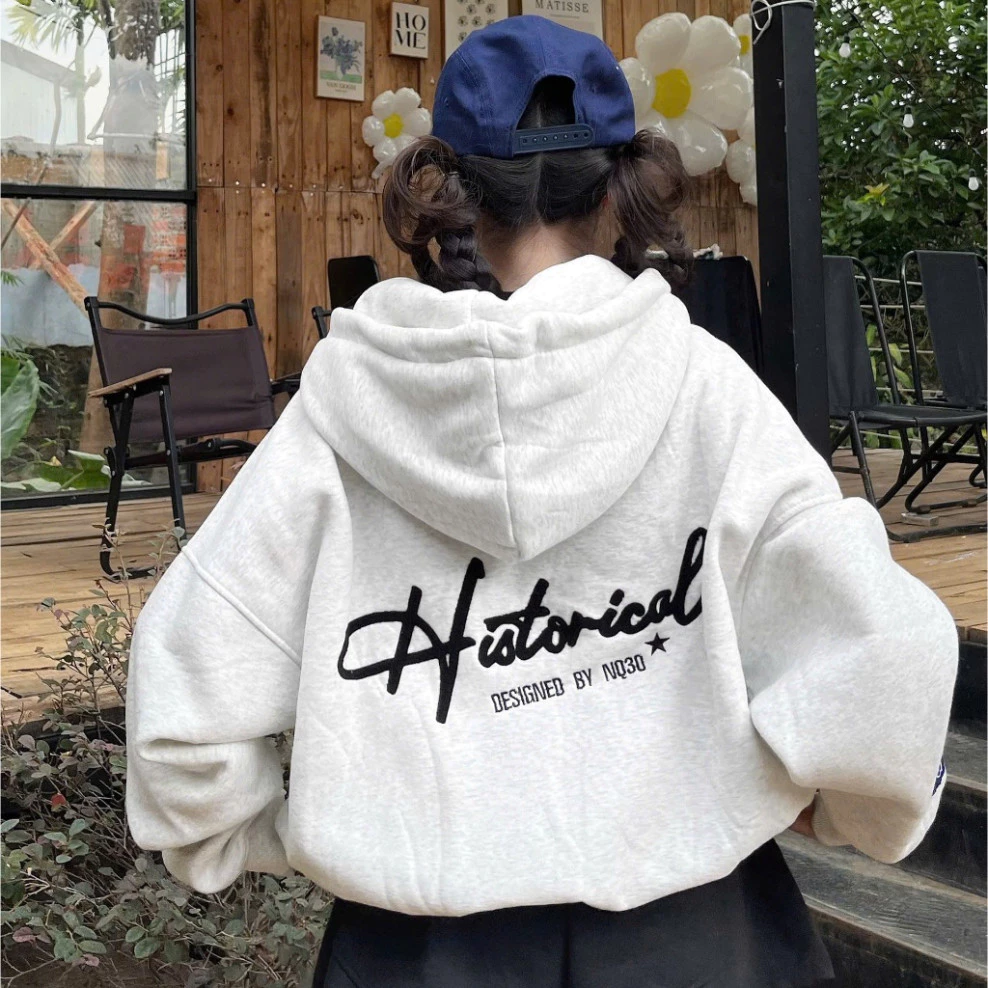 Áo Khoác Hoodie Zip COTTON Thêu Xù NQ30 HISTORICAL Form Boxy Form Rộng Nam Nữ Unisex