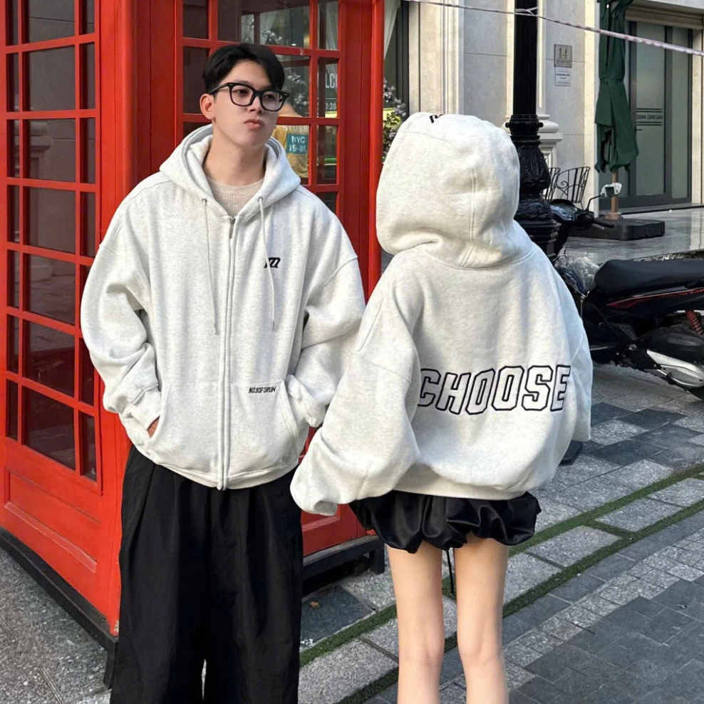 Áo Khoác Hoodie Zip COTTON Thêu Nổi NQ30 CHOOSE Form Boxy Form Rộng Nam Nữ Unisex