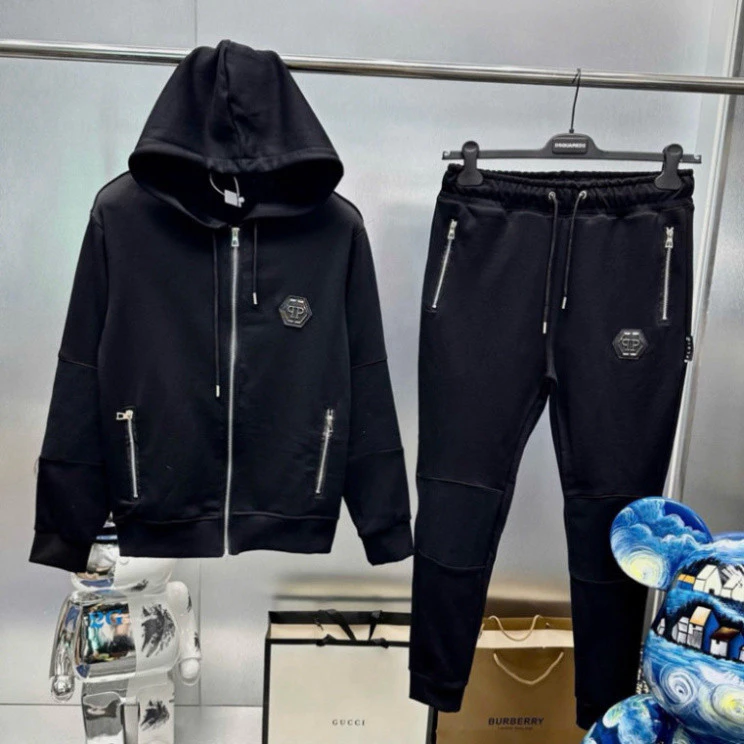 Bộ đồ nam dài tay Philipp Plein nỉ chân cua áo khoá mũ thêu logo da tag chữ sắt ngực dày dặn basic BD40P