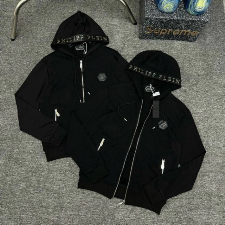 Áo khoác hoodie zip nam nữ Philipp Plein nỉ chân cua thêu logo sắt phối viền mũ vạch da tag chữ HZ50P
