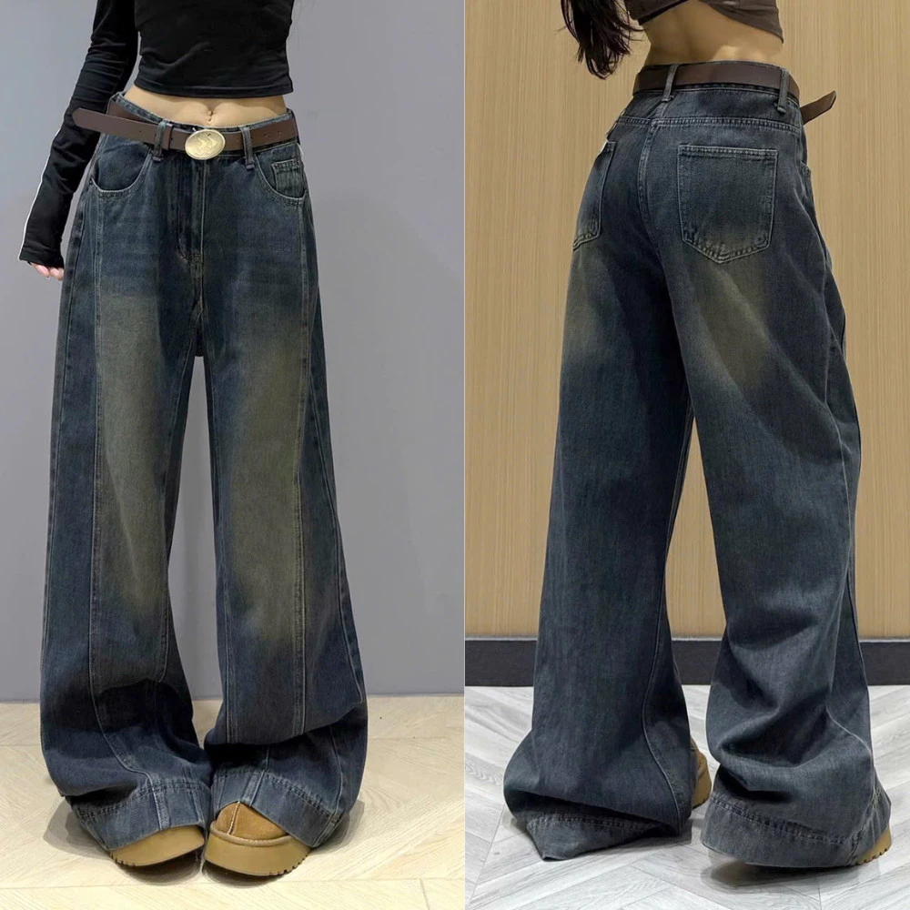 Quần jeans nữ ống rộng hai gân giữ túi chéo gấu to màu xanh đậm chất bò dày dặn hàng đẹp mã QS43