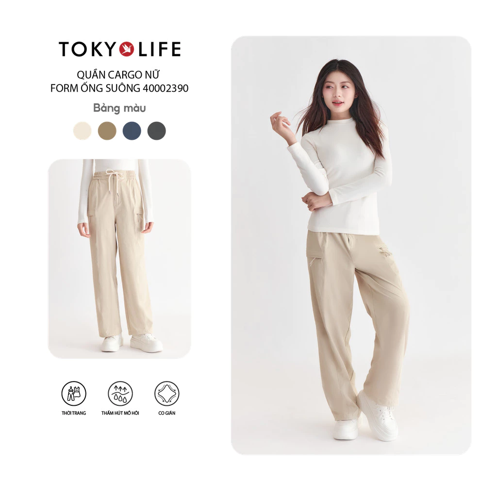 Quần Cargo Nữ Form Ống Suông Vải Sichun Lưng Thun Dây Rút Túi Kéo Khóa 40002390 - TOKYOLIFE