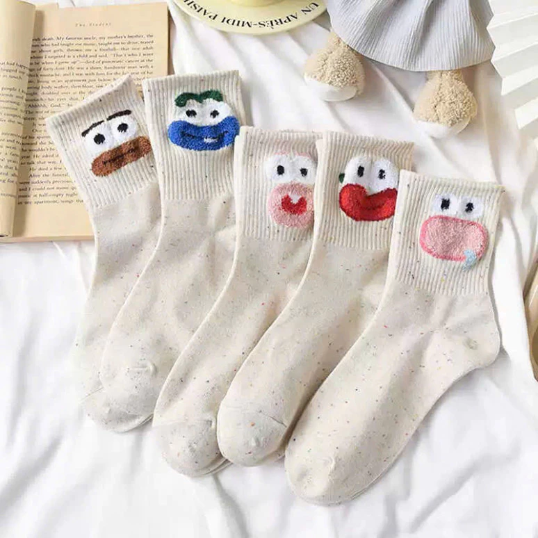 Set 5 Đôi Tất Cao Cổ In (Khuôn Mặt Vui Nhộn) Phong Cách Hàn Quốc - Combo 5 Vớ nữ cao cổ chất liệu Cotton