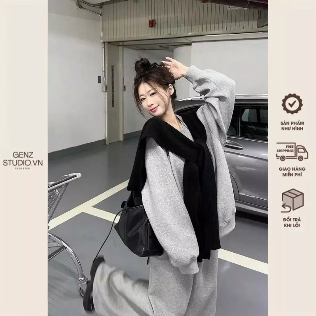 Set nỉ trơn basic phối khăn thủy thủ dễ thương, áo sweater trơn kèm quần ống rộng By Genz
