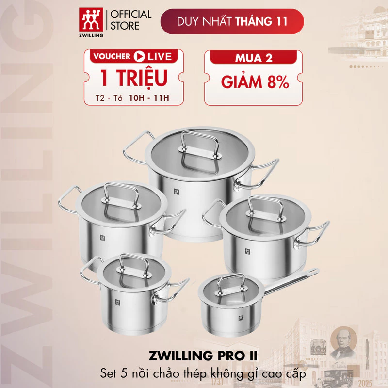 Bộ nồi inox 3 món/4 món/5 món ZWILLING Pro II thép không gỉ 3 lớp cao cấp, khóa ẩm