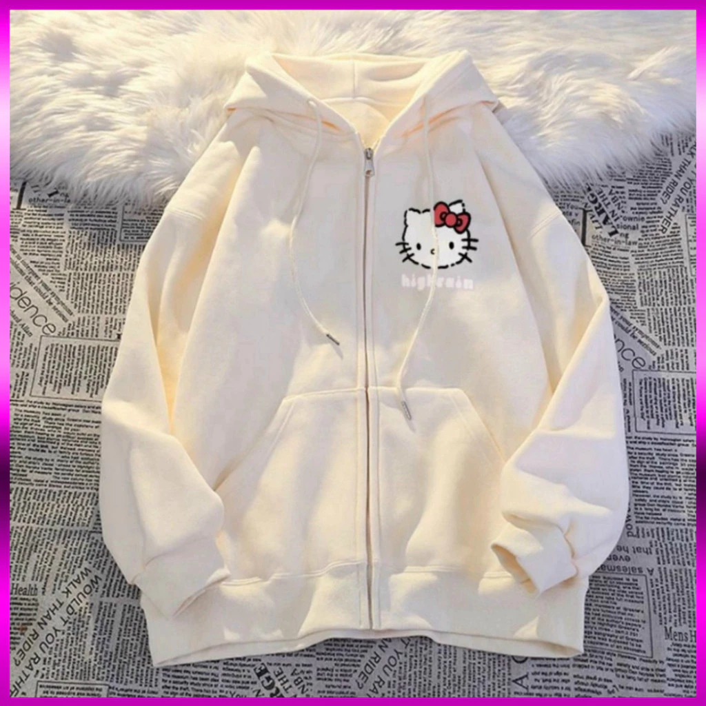 [ẢNH THẬT-CÓ SẴN] Áo Khoác Nỉ In Mèo Tay Phồng Nhún Form Rộng Unisex Nam Nữ - Áo Khoác nỉ dây kéo fammilyshop
