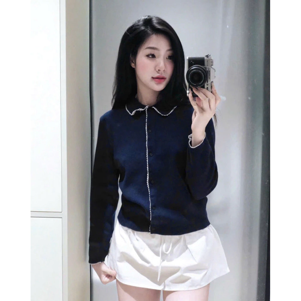 𝙐𝙣𝙞𝙨𝙚𝙭_𝘽𝙞𝙡𝙪𝙭//  Áo len polo cổ viền ren màu xanh than dài tay, chất liệu len mịn co giãn nhẹ, dáng basic dễ k