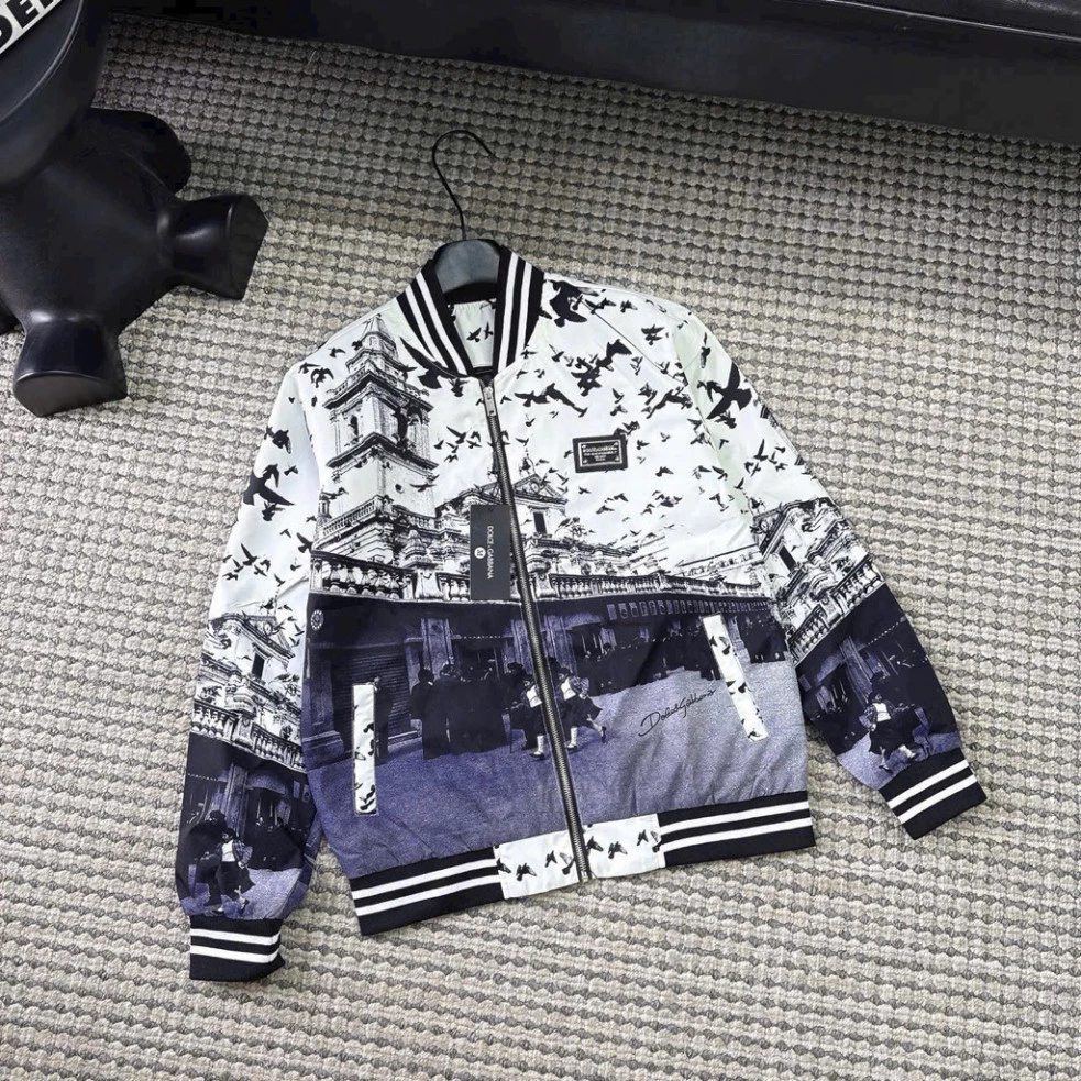 Áo Khoác Gió Bomber Họa Tiết Kiến Trúc & Chim Bay, Unisex 2 Lớp Thời Trang Dành Cho Nam Nữ Boy Phố 2025