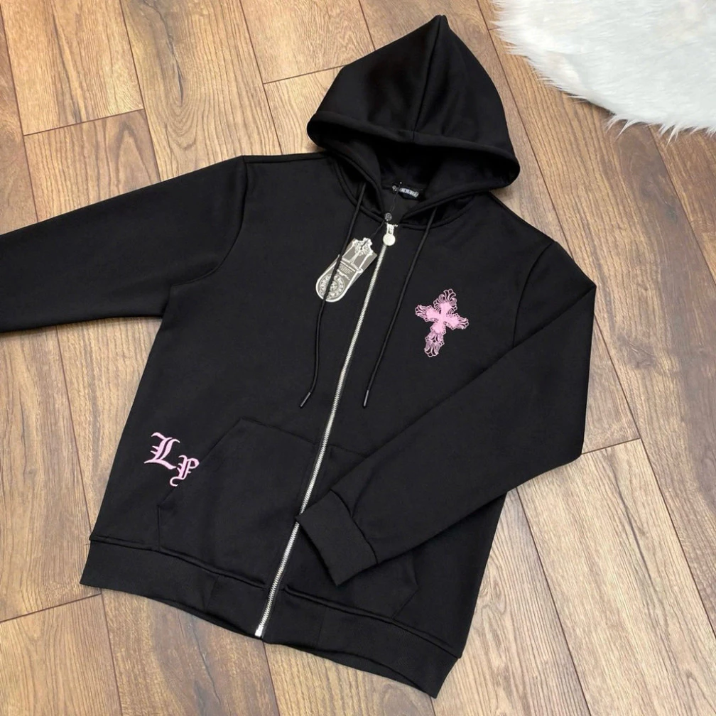 Áo hoodie nỉ khóa zip thêu chữ thập hồng, thiết kế đẹp và trendy 2025 - Ninh Shop. Boy Phố 2025