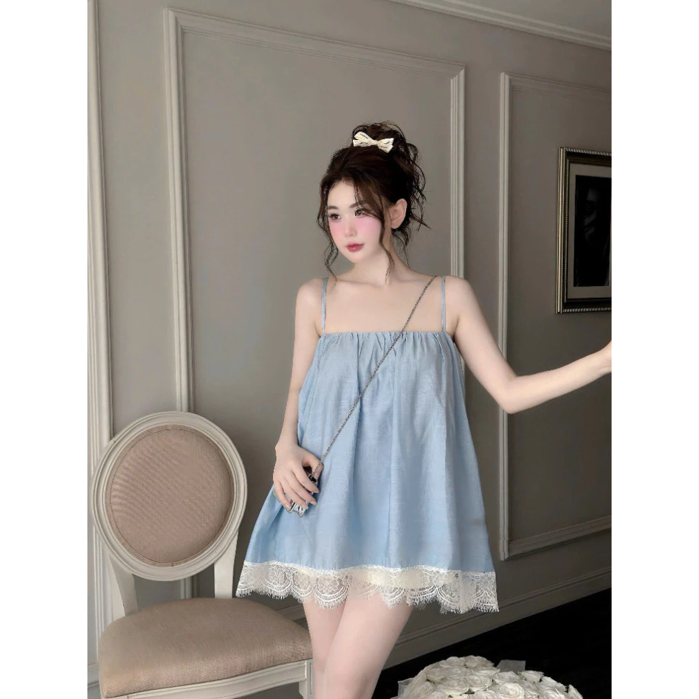 𝑴𝒐𝒏𝒔𝒕𝒂_𝒔𝒕𝒖𝒅𝒊𝒐//  Đầm 2 dây nữ dáng baby doll chất lụa mềm mại phối ren cao cấp, phù hợp mặc ở nhà siêu xinh
