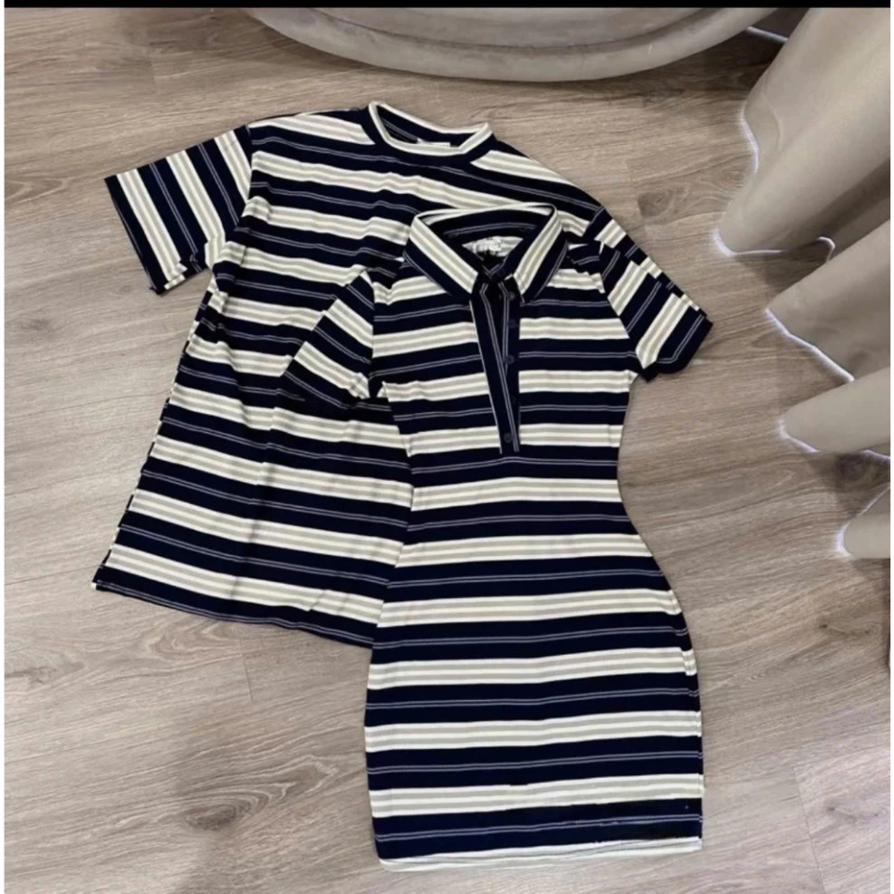 𝑴𝒐𝒏𝒔𝒕𝒂_𝒔𝒕𝒖𝒅𝒊𝒐//  Bộ đồ cặp nam nữ kẻ sọc - Áo thun unisex & Váy body polo sọc ngang chuẩn phong cách thời th