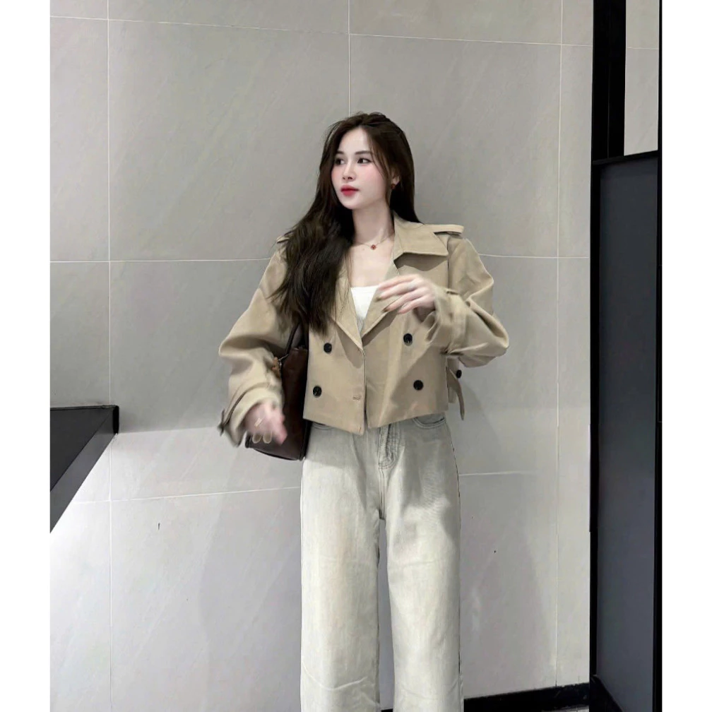𝑴𝒐𝒏𝒔𝒕𝒂_𝒔𝒕𝒖𝒅𝒊𝒐//  ```Áo Khoác Nữ Croptop Dáng Trench Coat Ngắn Tay Dài, Kiểu Mẫu Rộng Thanh Lịch Dùng Mùa Thu