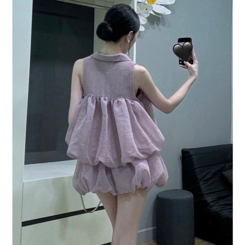 𝑴𝒐𝒏𝒔𝒕𝒂_𝒔𝒕𝒖𝒅𝒊𝒐//  Bộ Áo Tơ Sát Nách Cổ V Kèm Chân Váy Bí Bồng Ngắn Xinh Xắn DYNA STUDIOS
