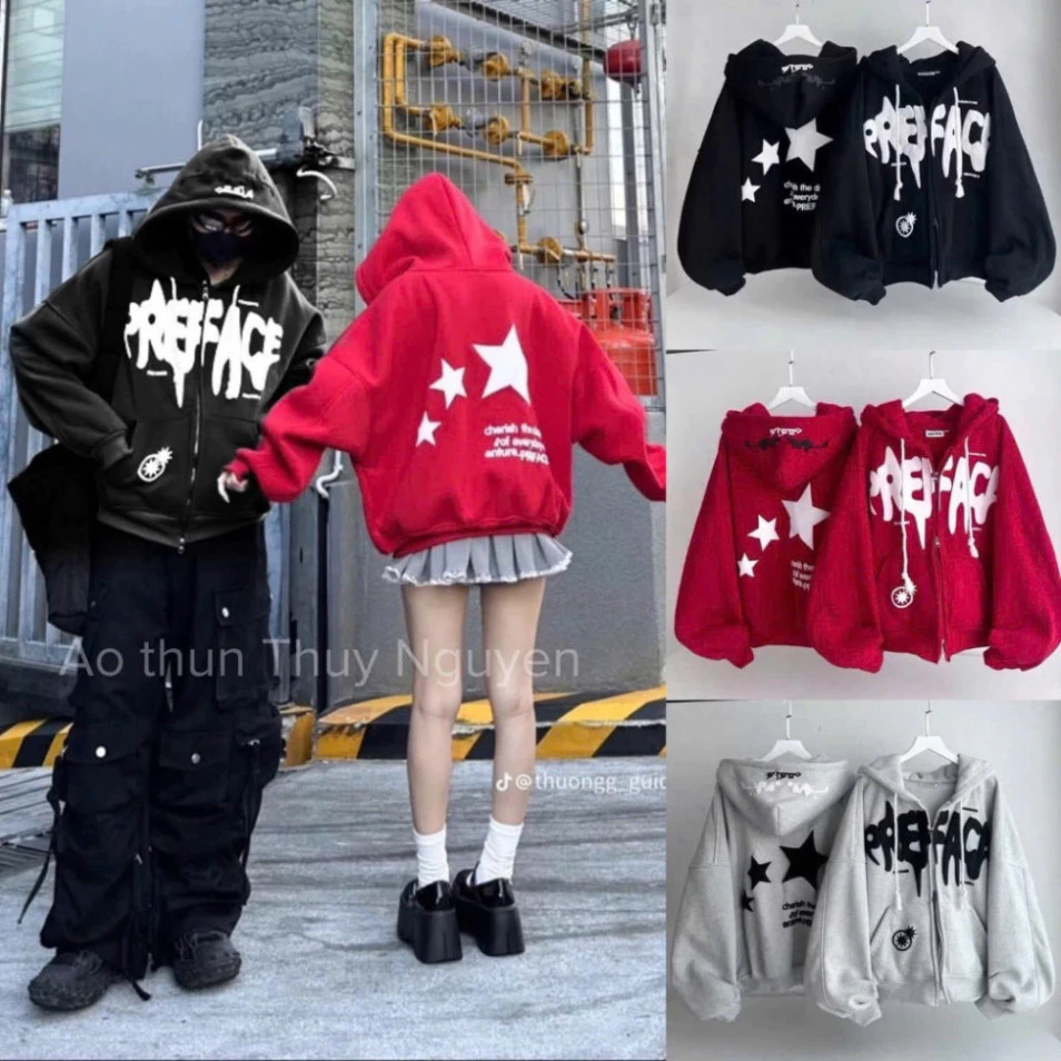 ⚡️Áo Khoác Nỉ Hoodie PreFace  3 Ngôi Sao chữ nổi  cá tính, Áo Hoddie Ngôi Sao From Cao Cấp - Hoodie zip hot Đông 2025 tt