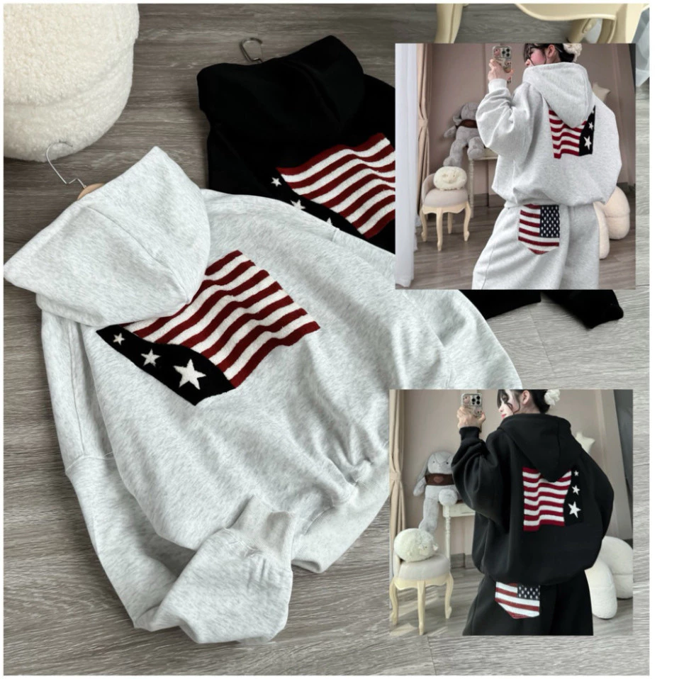 Áo Khoác Hoodie nam nữ có mũ Form Rộng in lá cờ Mỹ Túi rộng Đủ Màu Hottrend Đông 2025, Hàng Quảng Châu Siêu Ấm tt