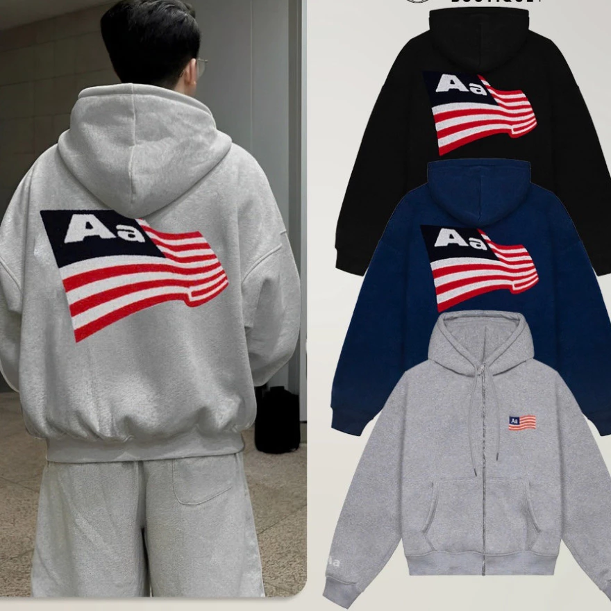 Áo Hoodie Khoá Zip Aastu From Boxy Thêu Xù Lá Cờ Mỹ Kèm Quần, Chất Vải Nỉ Chân Cua Đinh Lượng 280GSM tt