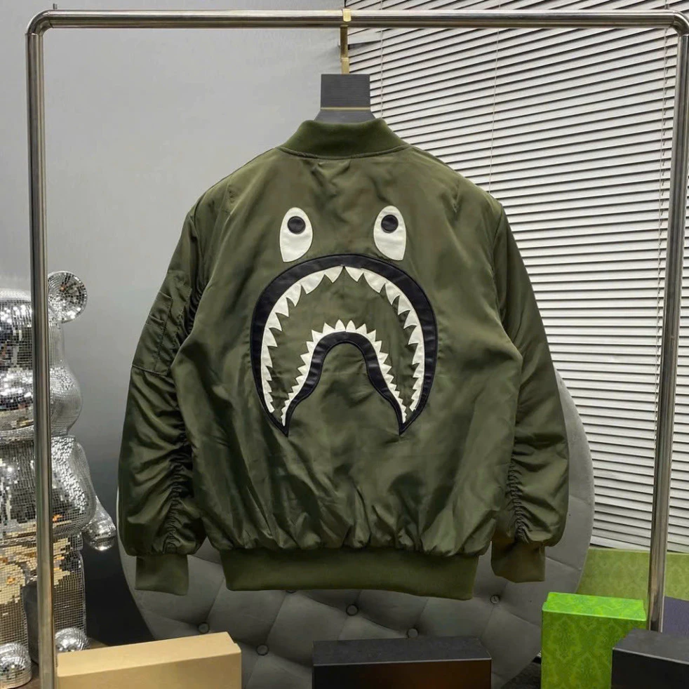 [HOT] Áo Khoác Gió Bomber Hai Lớp Thêu Họa Tiết Hàm Cá Mập Unisex Thời Trang Nam Nữ