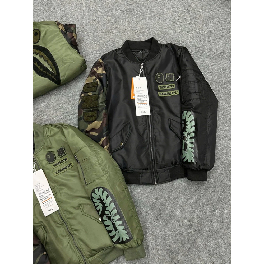[HOT] ⚜️[SẢN PHẨM CAO CẤP] Áo Khoác Bomber Họa Tiết Cá Mập Bape, Tay Phối Hai Lớp Trần Bông, Form Chuẩn Loại 1
