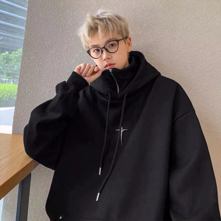 [HOT] Áo hoodie unisex cổ cao dáng rộng, khóa kéo phong cách Ninja, áo nỉ Retro Mỹ, xu hướng thời trang 2024.