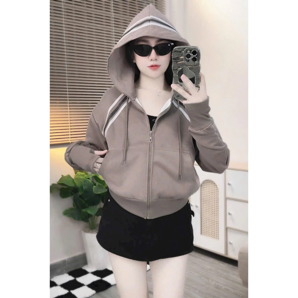 Áo Khoác Nỉ Nữ Viền Sọc Kiểu Dáng Năng Động Có Nón, Phong Cách Teen Trẻ Trung và Thời Trang