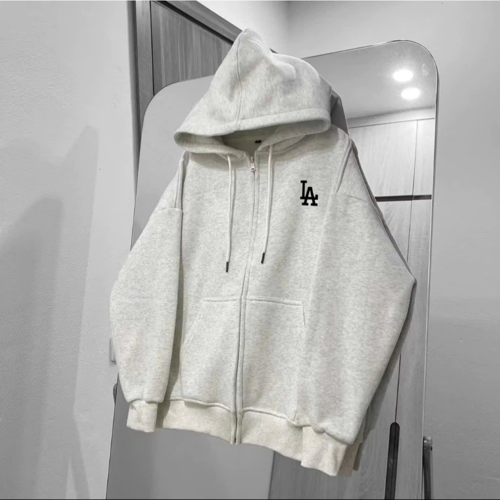 Áo Khoác Hoodie ZIP Nỉ Form Rộng Unisex Basic Họa Tiết In Nổi LA Sắc Nét Phong Cách Hàn Quôc Hot Trend 2025