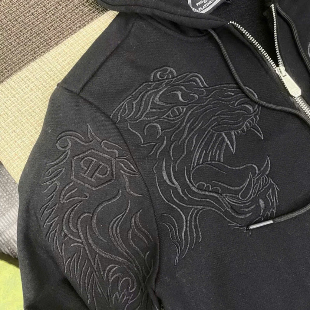 Áo Khoác Hoodie Zip Nam Nữ Philipp Plein Thêu Logo Sắt Mũ Phối Hình Hổ Vằn Ngực Nỉ Chân Cua Boy Phố Hot Trend 2025