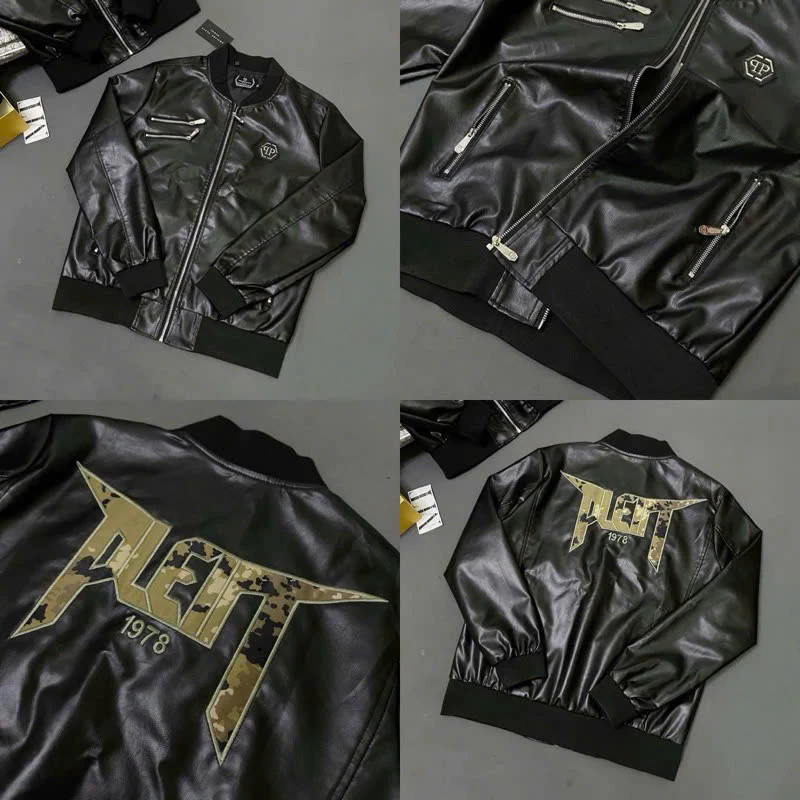 Áo Khoác Da bomber Jacket Nam Philipp Plein Da Pu Bóng Thêu Logo Da Tag Sắt Khoá Zip Phối Chữ Lưng Cao Cấp Hot Trend 202