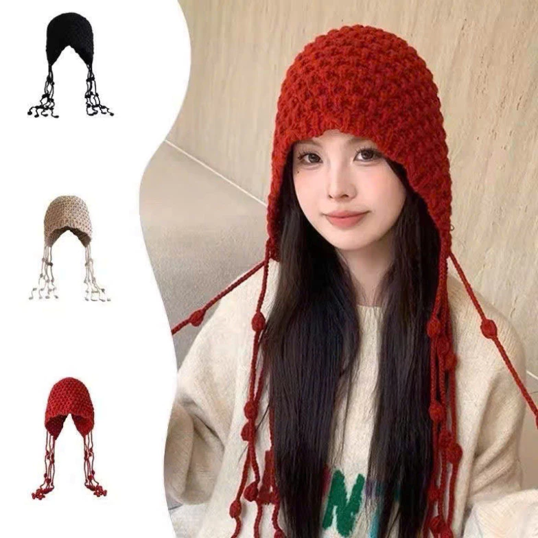 khăn kiểu Nón Len Dệt Kim Tua Rua Ấm Áp Thời Trang, Giúp Che Tai Mùa Thu Đông Thoải Mái và Đ stylish.