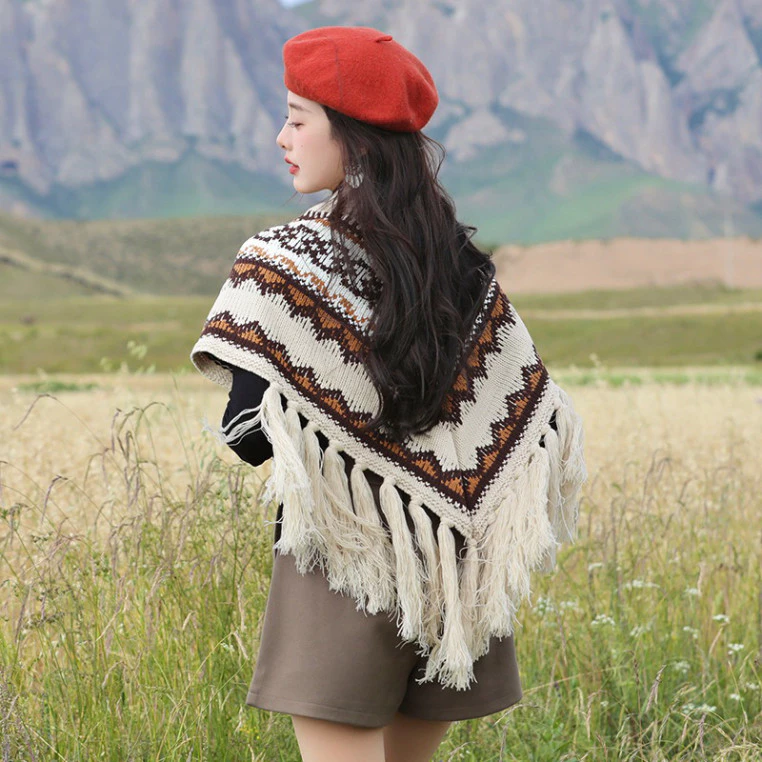 khăn kiểu Áo choàng Bohemian tua rua len dệt kim dày mịn cho nữ, khăn áo khoác họa tiết thổ cẩm du lịch đẹp mắt.