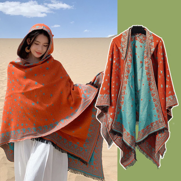 khăn kiểu Khăn choàng áo len dạ boho thổ cẩm nữ phong cách Tây Âu mùa thu đông, poncho du lịch chống nắng tuyệt vời.