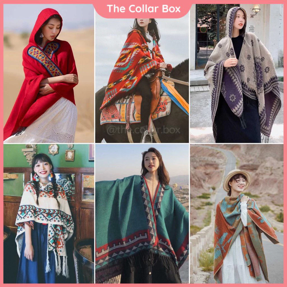khăn kiểu Khăn choàng boho thổ cẩm nữ mùa thu đông - Áo khoác len dạ dày poncho từ ACTH The Collar Box.