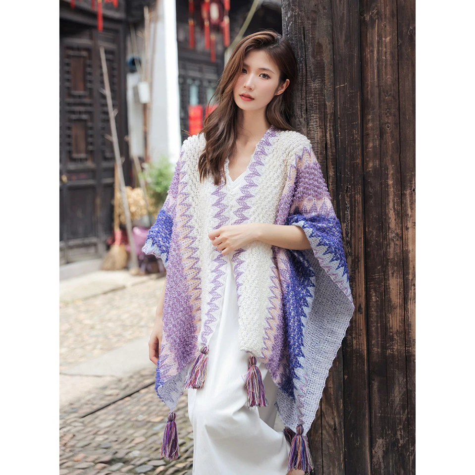 khăn kiểu Khăn áo choàng boho thổ cẩm nữ mùa lạnh dày ấm, kiểu khoác ngoài len móc 110*140cm, khăn len đa năng - AC2610.