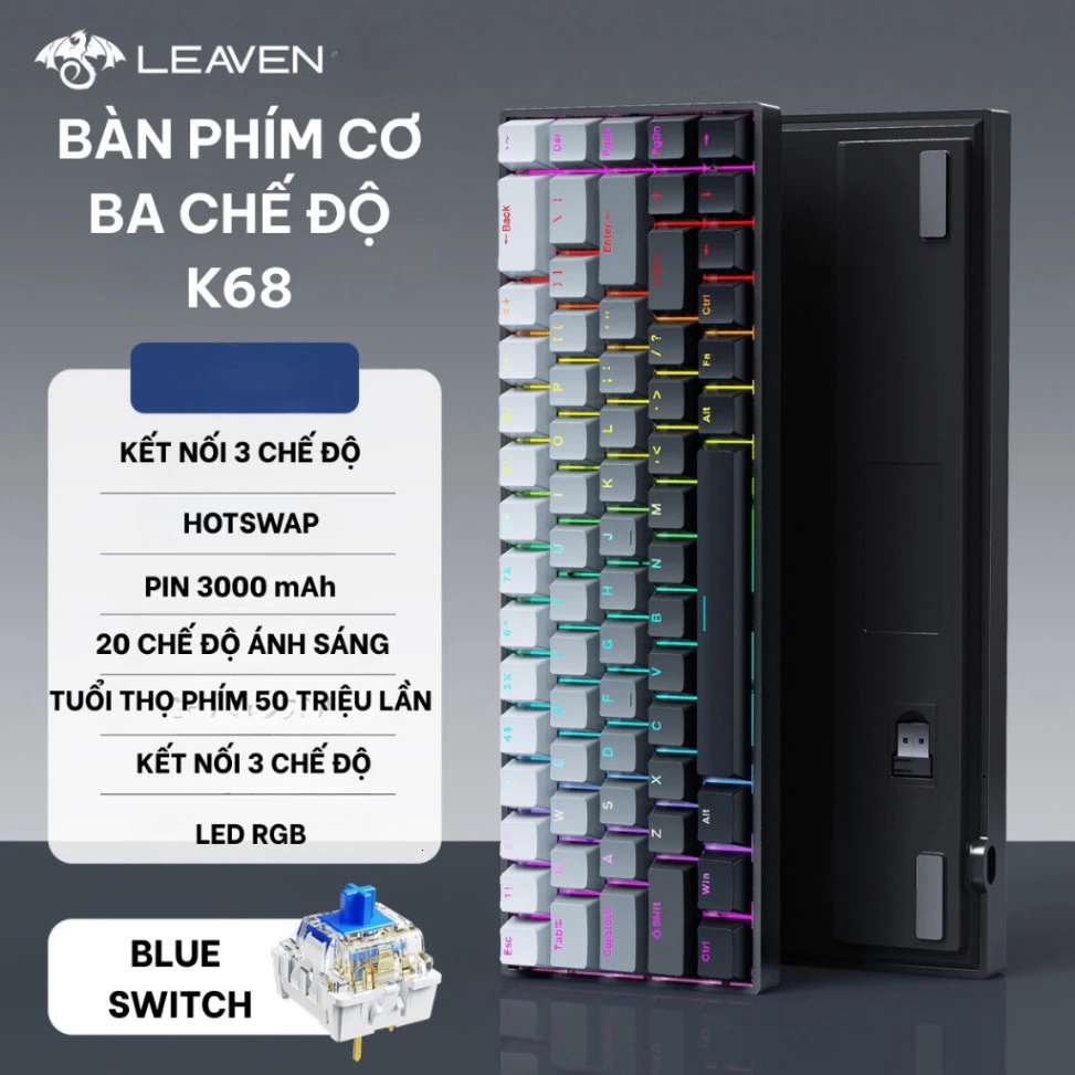 Bàn Phím Cơ Bluetooth K68BT Trục Cơ Red Switch. Có Hotswap Kết Nối Máy Tính/ Điện Thoại/ Tablet  Bảo Hành 12 Tháng