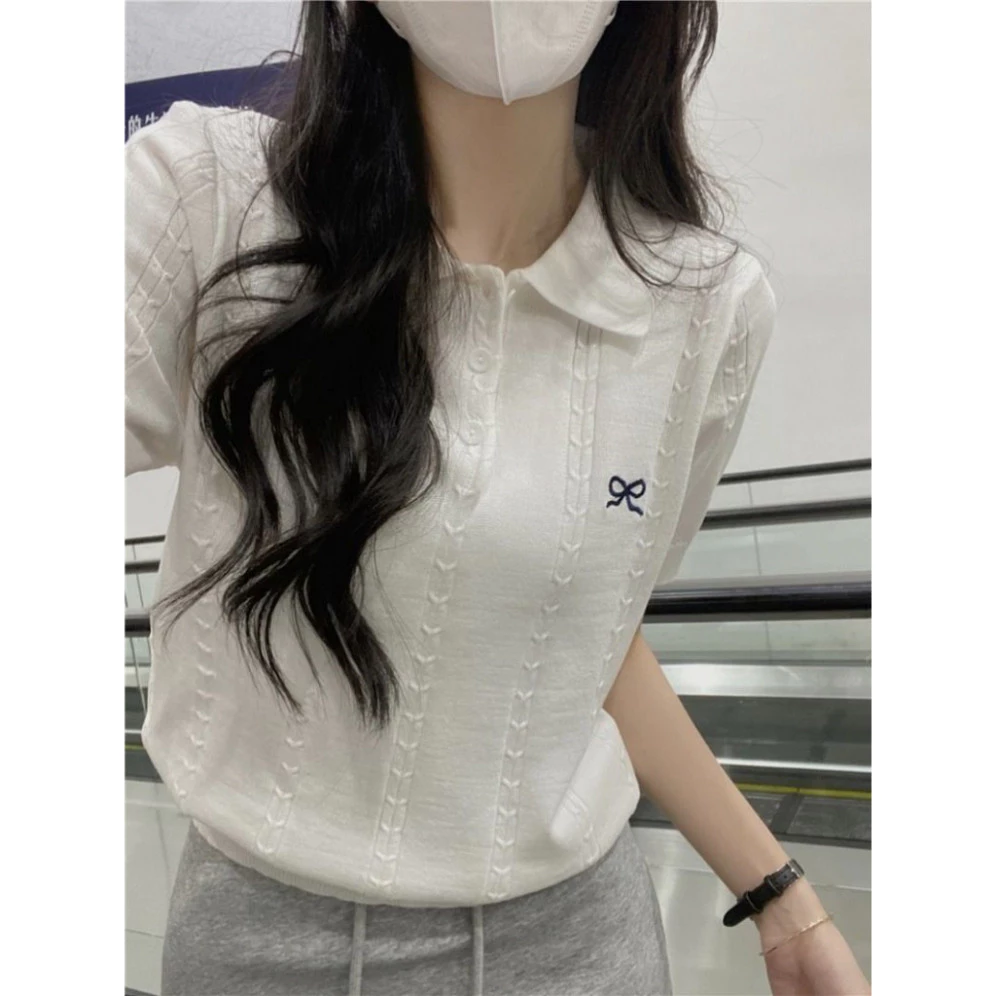 Áo Polo Len Ngắn Tay, Kiểu Cổ Bẻ Thêu Nơ Ngực Dễ Phối, Thiết Kế Đơn Giản, Chất Lượng Cao | Thảo Chi
