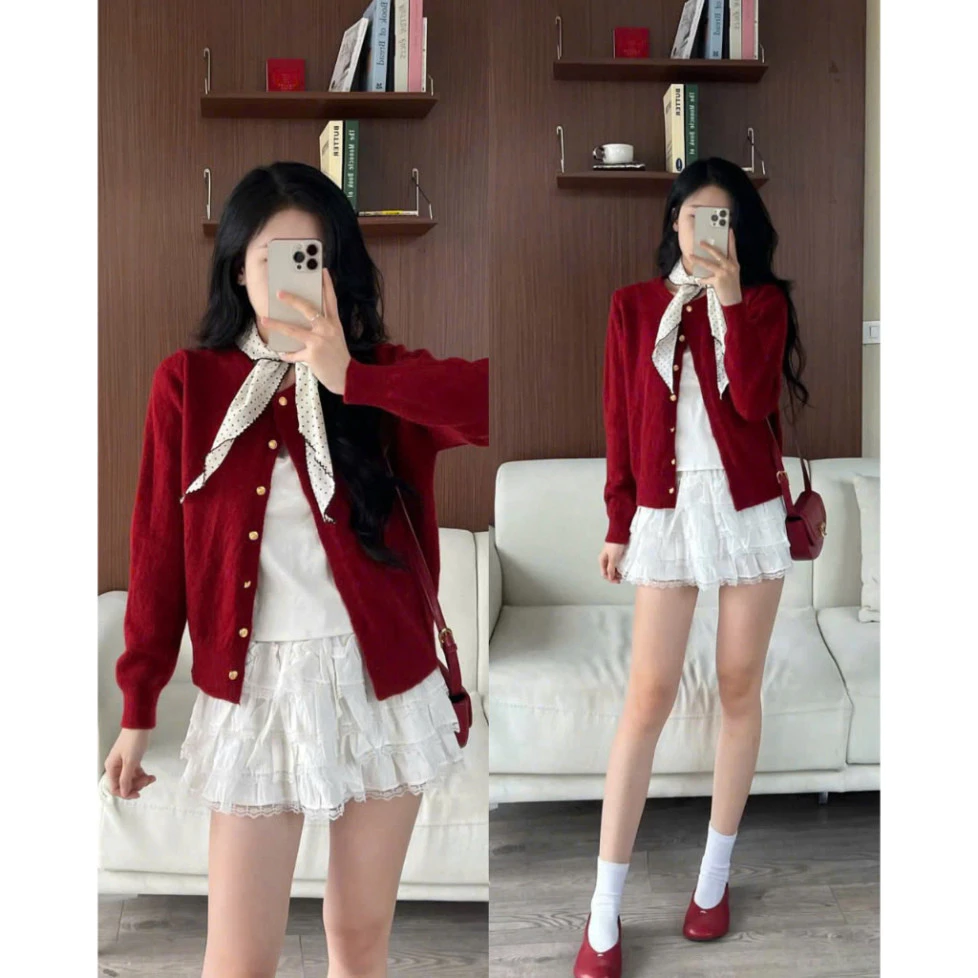Áo Khoác Len Cardigan Cổ Tròn Cài Cúc Vàng Phong Cách Đơn Giản Đa Năng, Áo Lông Thỏ Hàn Quốc Mác Egg | Thảo Chi