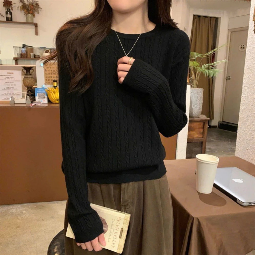 Áo Len Dệt Kim Tay Dài Phong Cách Retro Kiểu Nhật Bản, Mềm Mại Cho Nữ Mùa Thu Đông Cổ Tròn Xoắn Thừng ThảoCh